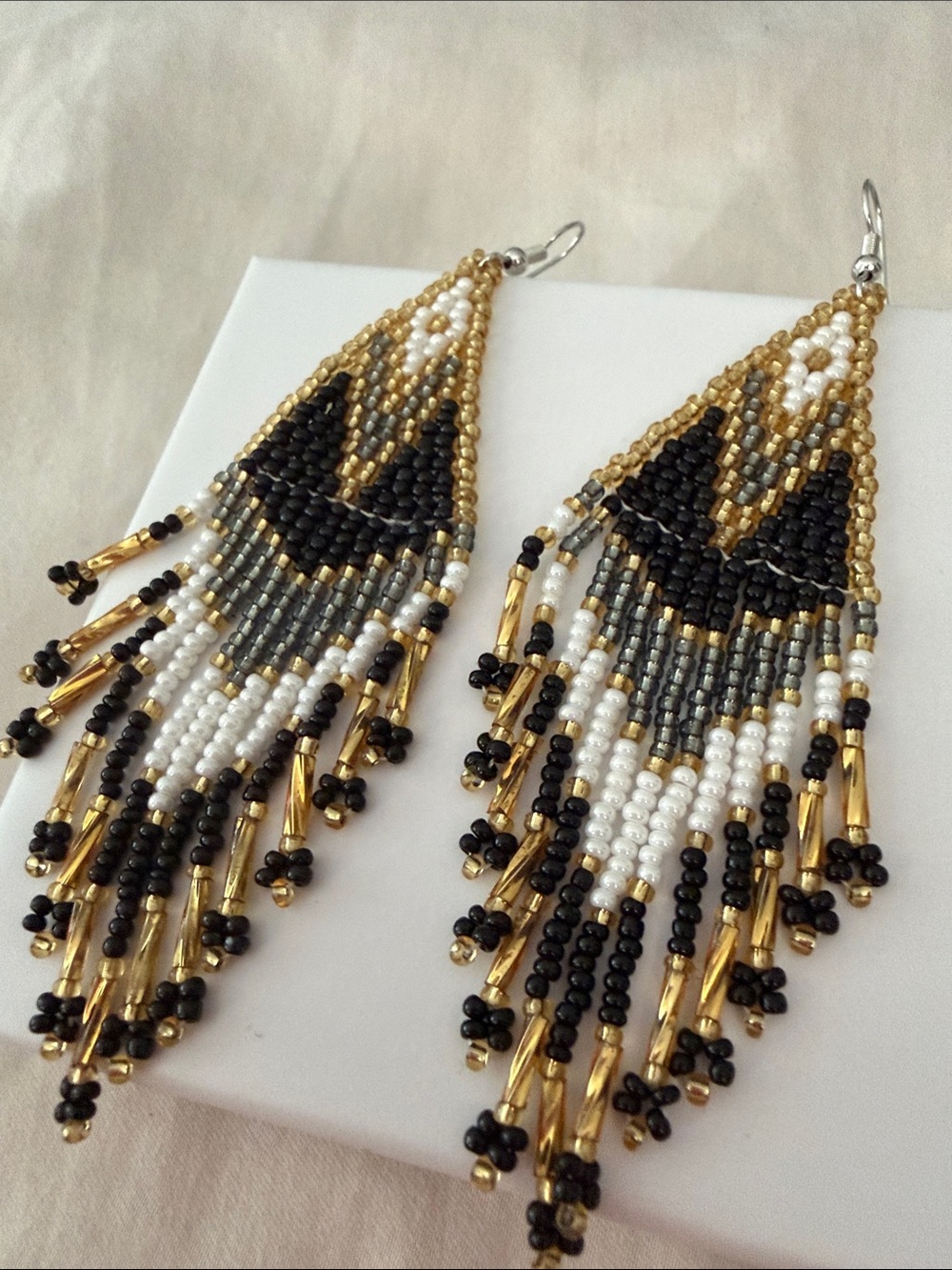 Handmade Black, Gold & White Beaded Fringe Earrings